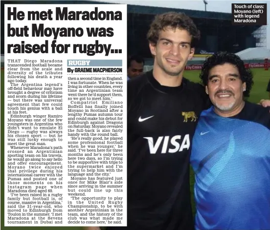  ?? ?? Touch of class: Moyano (left) with legend Maradona