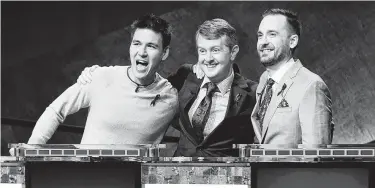  ?? Eric McCandless / Associated Press ?? The all-time top “Jeopardy!” money winners — James Holzhauer, from left, Ken Jennings and Brad Rutter — will compete on “Jeopardy! The Greatest of All Time,” a rare prime-time edition of the quiz show.