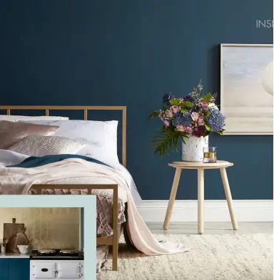  ??  ?? ABOVE Team a rich, dark blue in the bedroom with fresh, shellpink accessorie­s for a scheme that looks as good by day as it does by night. Night Swim, £28 for 2.5l, Valspar. INSET Kitchen cabinets painted a deep teal create a dramatic contrast to gilded walls. Aubusson Blue Chalk Paint, £19.95 per litre, Annie Sloan.