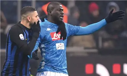  ??  ?? Napoli’s Kalidou Koulibaly reacts as he is shown a red card. The defender suffered alleged racist abuse throughout the match. Photograph: Alberto Lingria/Reuters