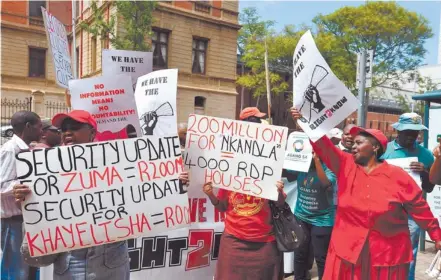  ?? Picture: Christine Vermooten. ?? FOR WHOM THE E-TOLLS. The Right2Know Campaign and Agang SA, picket protest the North Gauteng High Court yesterday to demand the release of the Public Protector’s Nkandla report.