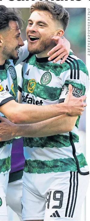  ?? ?? Celtic’s James Forrest – with Nicolas Kuhn after scoring to make it 2-1 in the Scottish Cup semifinal against Aberdeen last weekend – is highly rated by Lubo Moravcik, right.