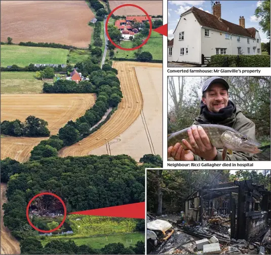  ??  ?? Converted farmhouse: Mr Glanville’s property
Neighbour: Ricci Gallagher died in hospital
Blaze: Mr Gallagher’s wooden shack, arrowed, was destroyed by fire moments before he was injured at Mr Glanville’s property, top