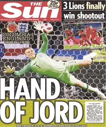  ?? — AFP ?? VINTAGE TABLOID STUFF . . . Britain’s biggest selling daily newspaper, The Sun, produced a classic front page, in their hour of celebratin­g England’s World Cup penalty shoot-out win over Colombia, as they played around with Diego Maradona’s ‘’Hand of...