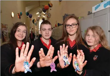  ?? Photo by Declan Malone ?? Meanscoil Nua an Leith Triúigh students Aoife Naessens, Aidan Dowd, Emma McKenna and Rachel O’Connor with some of their fish keyrings made from recycled plastic.