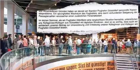  ?? FOTO: PRIVAT ?? In einem Brief der Sicherheit­sfirma Kötter werden Mitarbeite­r aus Köln gebeten, ihre Kollegen am Airport Düsseldorf zu unterstütz­en.