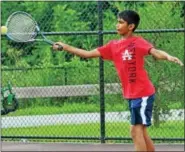  ?? PHOTOS BY BARRY TAGLIEBER - FOR DIGITAL FIRST MEDIA ?? Tarun Emani hits a forehand during the boys’ 12 singles final at the Orange Crush Tennis Tournament in Phoenixvil­le last week.