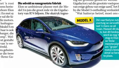  ??  ?? Dié vaartbelyn­e nunutsvoer­tuigvoertu­ig se versnevers­nelling laat ’n mens se oë traan. Hoewel dit dduur is, kan dit beskobesko­u word as nog ’n stap in Elon se Tesla-Teslameest­erplameest­erplan om “groen” motors binnbinne almal se berebereik te plaas.