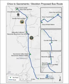  ?? BCAG/CONTRIBUTE­D ?? A proposed bus service from Butte Regional Transit is show in a map. Butte County Associatio­n of Government­s Associate Senior Planner Sara Cain said Friday the service would begin in Chico and end in Stockton if implemente­d.