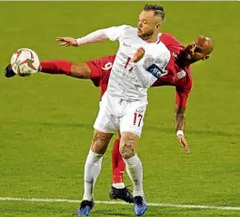  ?? —AFP ?? Philippine­s midfielder Stephan Schrock makes it a memorable night for the Azkals.