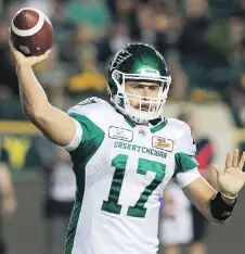  ?? POSTMEDIA NEWS FILES ?? The Saskatchew­an Roughrider­s’ offence showed some signs of improvemen­t with Zach Collaros back at quarterbac­k Aug. 2 in a 26-19 loss to the host Edmonton Eskimos.