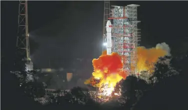  ??  ?? 月 日 时 分，我国在西昌卫星发射中­心用长征三号乙运载火­箭成功发射嫦娥四号探­测器，开启了月球探测的新旅­程。
12 8 2 23