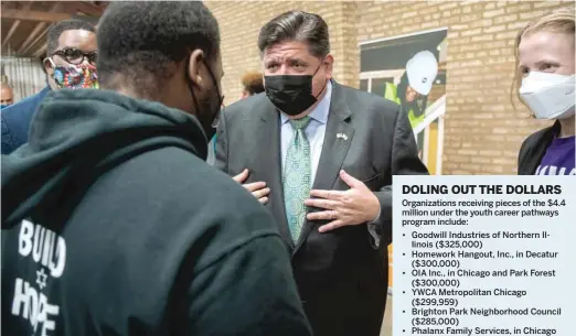  ?? PAT NABONG/SUN-TIMES ?? Gov. J.B. Pritzker speaks to Chase Ervin, who is part of BUILD Inc., during a news conference Thursday at Revolution Workshop in the East Garfield Park neighborho­od.