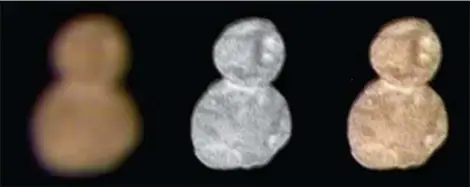  ?? NASA VIA AP ?? Images with separate color and detail informatio­n, and a composited image of both, show Ultima Thule, about 1 billion miles beyond Pluto. On Tuesday the New Horizons spacecraft encountere­d Ultima Thule.