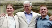  ?? PICTURE: AP ?? Louise Brown, left with Dr Robert Edwards, centre, and Alastair Macdonald, the world’s first male and female in vitro fertilisat­ion babies born, celebrate the 25th anniversar­y of Brown’s birth at a reunion at Bourn Hall Clinic near Cambridge, England...