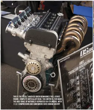  ??  ?? This is the result when OS Giken reimagines the L-series engine. Complete with alloy head, this motor is, for many, the Holy Grail of naturally aspirated six-cylinders, with 11.5:1 compressio­n and somewhere over 300kW (402hp)