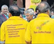  ?? PTI FILE ?? TDP MPs stage a protest at Parliament House during the second phase of the budget session in New Delhi on Friday.