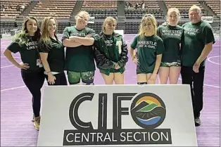  ?? PHOTO BY GERALD FAIR ?? The Lady Warriors had a handful of wrestlers qualify for the CIF Central Section Masters Tournament and competed at Selland Arena – Fresno. Pictured are Coach Amanda Ramirez, Coach Brittney Alvarez, Abby Strategos, Katelyn Fair, Jazzalynn Ramirez, Reese Hart and Coach Curtis Nelson.