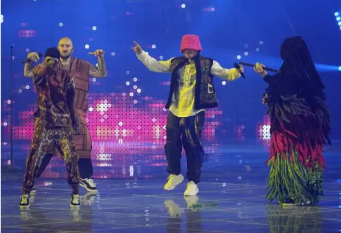  ?? ?? Kalush Orchestra from Ukraine singing 'Stefania' during the final dress rehearsal at the Eurovision Song Contest Luca Bruno/AP Photo