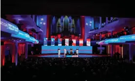  ?? Photograph: Gerald Herbert/AP ?? The Republican presidenti­al candidates at the debate on 6 December 2023.