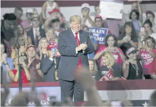  ?? BLOOMBERG ?? US President Donald Trump applauds during a rally in the Lewis Center, Ohio on Saturday.