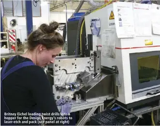  ??  ?? Britney Eichel loading twist drills into a hopper for the Design Energy’s robots to laser-etch and pack (see panel at right)