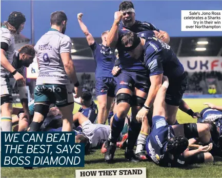  ??  ?? Sale’s Jono Ross celebrates a Sharks try in their win over Northampto­n