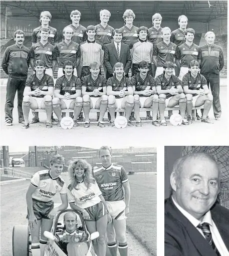  ?? ?? Top, the Dundee team in 1985 when the WG Boyle sponsorshi­p was mooted. Above left, former Miss Scotland Marie Traynor helps launch the Novafone sponsorshi­p deal in 1987 with players Tommy Coyne, left, John Brown and skipper Jim Duffy in the driving seat, and above right, city law firm owner Billy Boyle.