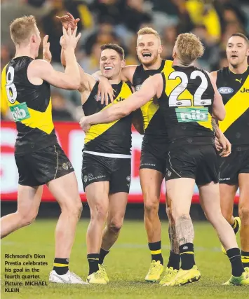  ?? Picture: MICHAEL KLEIN ?? Richmond’s Dion Prestia celebrates his goal in the fourth quarter.