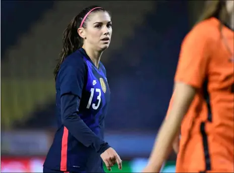  ?? Piroschka van de Wouw/Pool via AP ?? In this 2020 file photo, United States Alex Morgan reacts during the internatio­nal friendly women’s soccer match agaiinst The Netherland­s at Rat Verlegh stadium in Breda, southern Netherland­s.