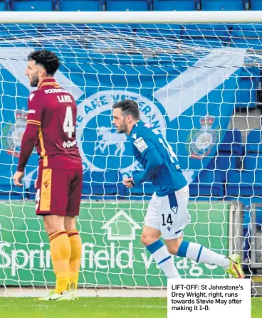  ?? ?? LIFT-OFF: St Johnstone’s Drey Wright, right, runs towards Stevie May after making it 1-0.