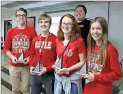  ?? Contribute­d photo ?? RMS Math Team members Carter Lewis (from left), Colter Thomas, Hayley Alred and Katelyn Clark and Math Team coach Wendy Edelkind (back) placed second in the MathCounts competitio­n.
