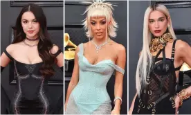  ?? Getty Images Composite: REX/Shuttersto­ck / AFP/ ?? (L-R) Olivia Rodrigo, Doja Cat and Dua Lipa were among the stars who took to the 2022 Grammys red carpet in frame-cinching corset dresses.