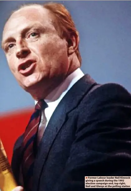  ?? ?? > Former Labour leader Neil Kinnock giving a speech during the 1992 election campaign and, top right, Neil and Glenys at the polling station