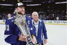  ?? Andy Lyons / TNS ?? Steven Stamkos holds the Prince of Wales Trophy after the Lightning KO’d the Rangers in the Eastern Conference finals.