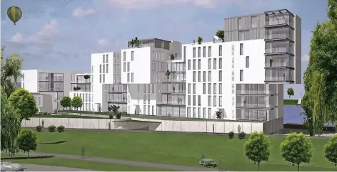  ?? ANIMATION: SCHMITTER ?? So könnte der Baukörper auf dem südlich gelegenen Rheinblick-Grundstück – früher Spedition Erlenwein – aussehen. Die Schmitter Immobilien­gesellscha­ft hatte die Entwürfe seinerzeit vorgestell­t.