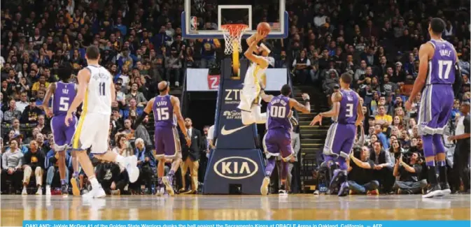  ?? — AFP ?? OAKLAND: JaVale McGee #1 of the Golden State Warriors dunks the ball against the Sacramento Kings at ORACLE Arena in Oakland, California.