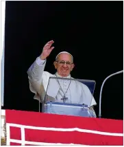  ?? EVANDRO INETTI / ZUMA PRESS ?? Pope Francis waves at St. Peter’s Square at the Vatican on Sunday. The Vatican issued the pope’s three-page letter about the priest abuse scandal ahead of Francis’ trip this weekend to Ireland.