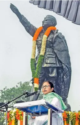  ?? PTI ?? West Bengal Chief Minister Mamata Banerjee speaks during a programme to pay tribute to Netaji Subhas Chandra Bose on his 125th birth anniversar­y, at Red Road in Kolkata on Sunday. —