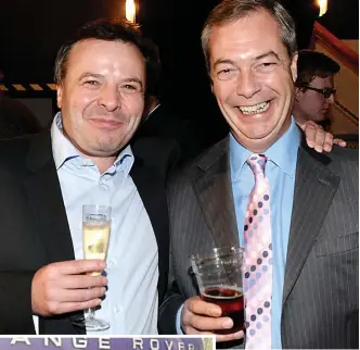  ??  ?? Flamboyant: Arron Banks with Nigel Farage, and the jokey number plate he and his Russian wife acquired