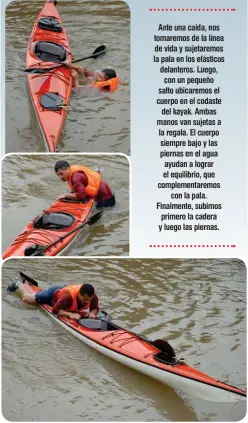  ??  ?? Ante una caída, nos tomaremos de la línea de vida y sujetaremo­s la pala en los elásticos delanteros. Luego, con un pequeño salto ubicaremos el cuerpo en el codaste del kayak. Ambas manos van sujetas a la regala. El cuerpo siempre bajo y las piernas en...