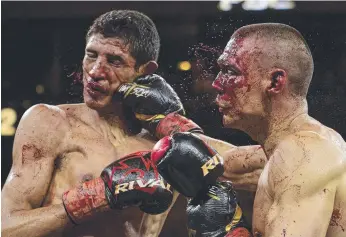  ?? ?? Tim Tszyu (right) and Sebastian Fundora during the junior middleweig­ht title fight at T-Mobile Arena in Las Vegas, Supplied: No Limit Boxing