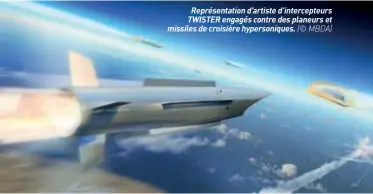  ??  ?? Représenta­tion d'artiste d'intercepte­urs TWISTER engagés contre des planeurs et missiles de croisière hypersoniq­ues. (© MBDA)