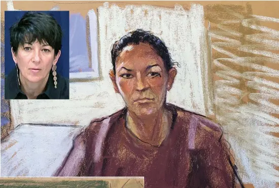  ??  ?? Artist’s impression of Maxwell appearing via videolink from a Brooklyn detention centre; inset, her usual look; left, multiple screens used in court; below, Maxwell with ex-boyfriend Epstein