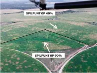  ??  ?? SPILPUNT OP 40% SPILPUNT OP 90% ’n Lugfoto van ’n mielieland met fusariumpr­obleme. Sekere dele het ’n suurstofte­kort gehad, wat veroorsaak het dat die grond kalium moeilik opneem. Die oplossing was om die spilpunt in bestuurson­es te deel sodat dit op...