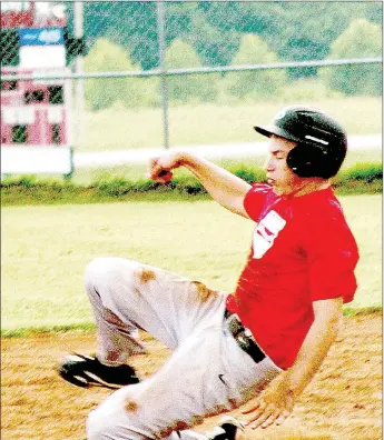  ?? RICK PECK/MCDONALD COUNTY PRESS ?? McDonald County’s Ty Shaver steals second base during McDonald County’s 5-0 loss on June 30 at McDonald County High School.