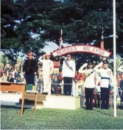  ??  ?? Historical moment: Sabah’s first Governor Tun Datu Mustapha Datu Harun with then Deputy Prime Minister Tun Abdul Razak after proclaimin­g Sabah’s decision to form Malaysia with Sarawak, Malaya and Singapore on Sept 16, 1963.