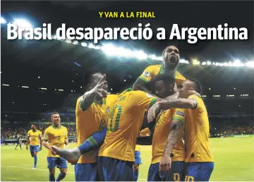  ??  ?? Superiores. Los brasileños se adueñaron del partido, fueron los únicos en la cancha, y con par de goles firmaron su pase a la Final de la Copa América; su rival saldrá del choque entre Chile y Perú.