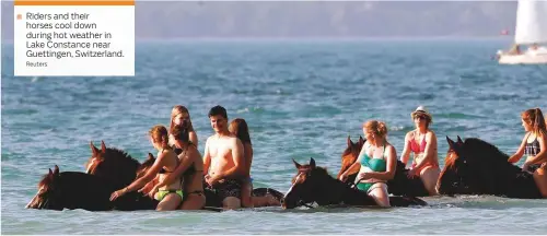  ?? Reuters ?? Riders and their horses cool down during hot weather in Lake Constance near Guettingen, Switzerlan­d.