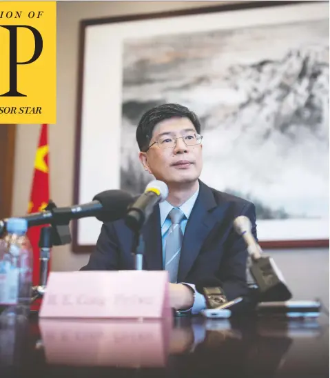  ?? JUSTIN TANG/THE CANADIAN PRESS ?? China’s new ambassador to Canada, Cong Peiwu, speaks to reporters at the Embassy of China in Ottawa on Friday.